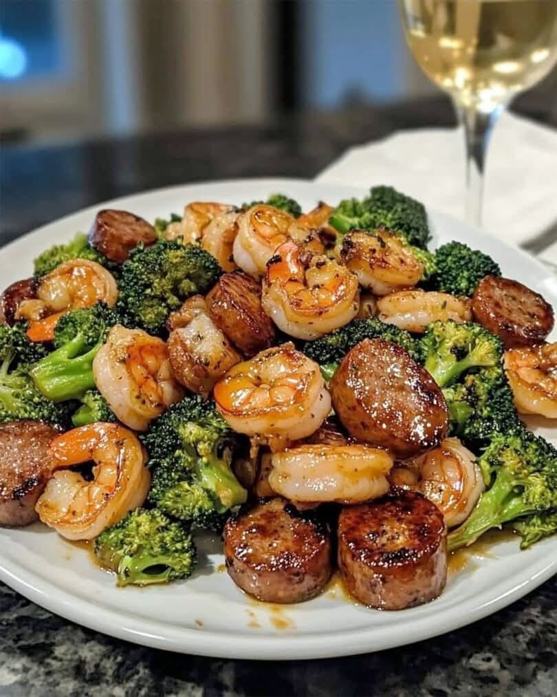 Konnte ich taglich essen, Honig-Knoblauch-Garnelen, Wurst und Brokkoli