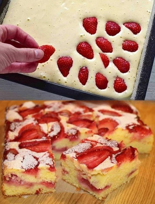 Erdbeer Biskuitkuchen vom Blech in 5 Minuten ein Tassenrezept