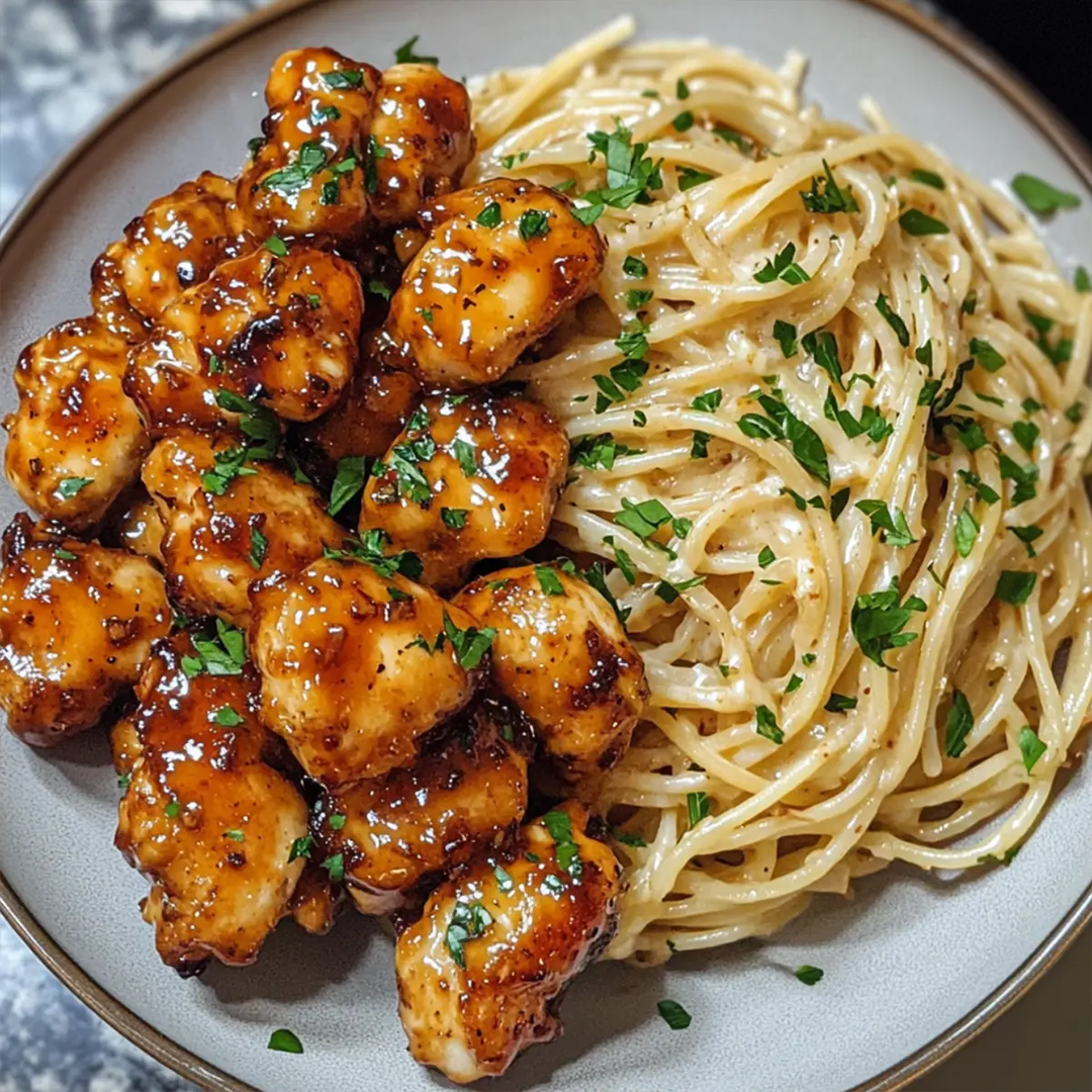 Cremige Spaghetti mit würzigem Honig-Knoblauch-Hähnchen – ein Festmahl!