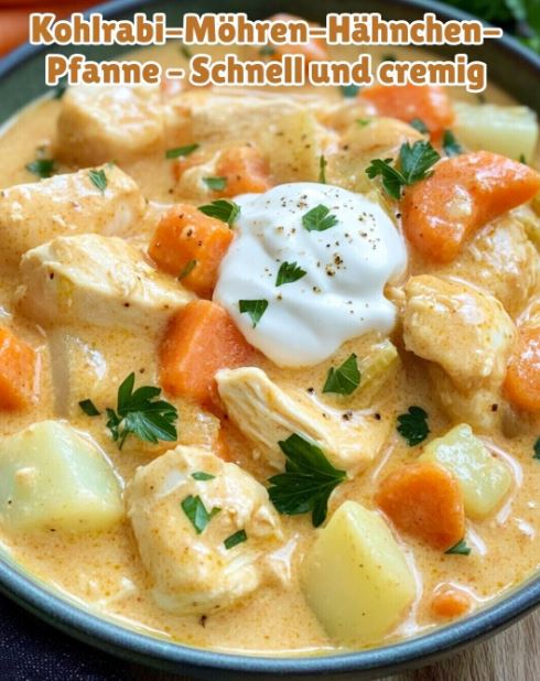 Diese Kohlrabi-Möhren-Hähnchen-Pfanne ist einfach saulecker und ganz schnell gemacht.