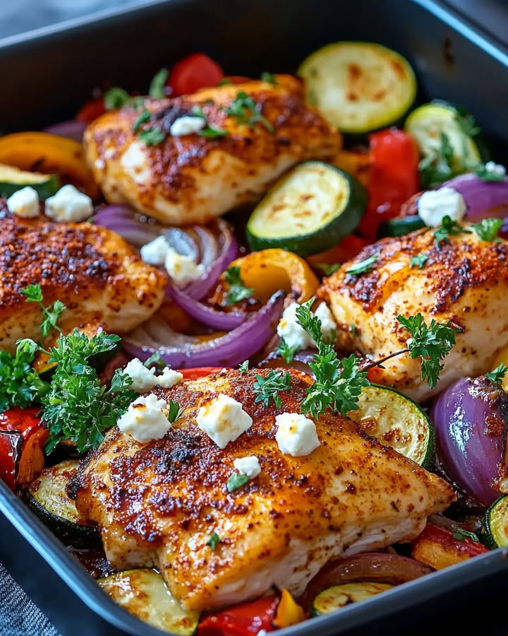 🍽️ Hähnchen mit Paprika, Zucchini, Zwiebeln und Feta im Ofen – Ein einfaches und leckeres Ofengericht!