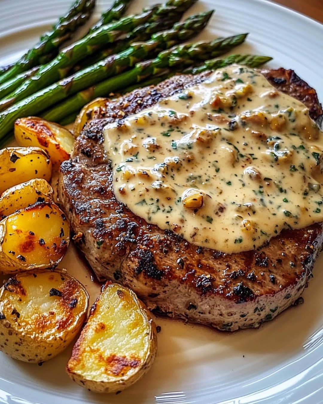 🥩 Knoblauch-Parmesan-Creme-Steak mit gerösteten neuen Kartoffeln & Spargel – Ein Festmahl für die Sinne!