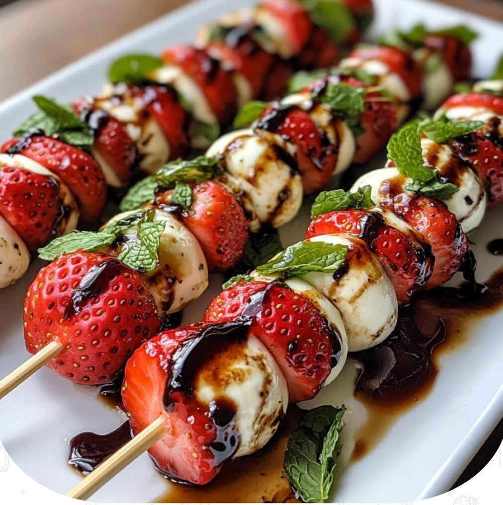 🍓 Erdbeer-Mozzarella-Spieße mit Minze und Balsamico-Glasur