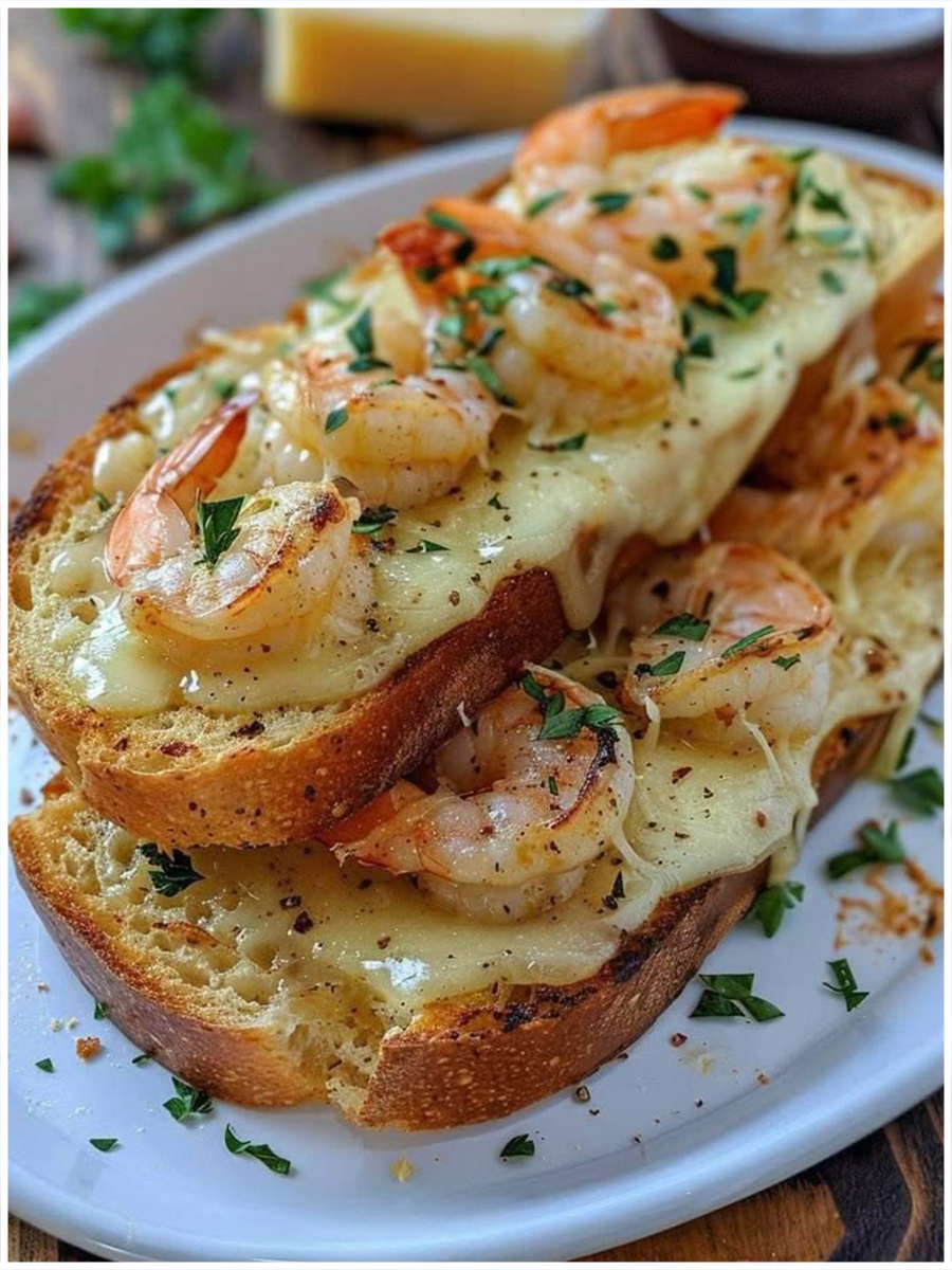 🧄🧀 Garnelen-Käse-Brot – Überbackene Brotscheiben mit Knoblauch, Käse & Garnelen 💕👌