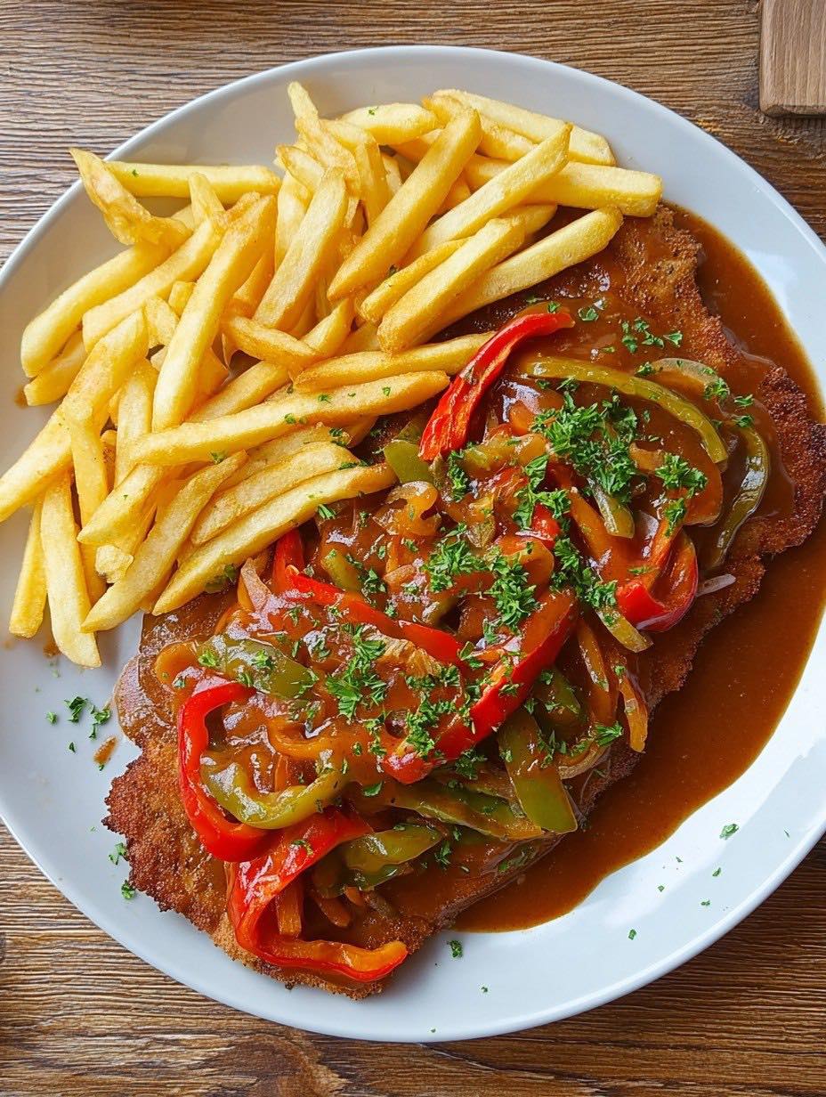 Schnitzel mit Paprikasoße und Pommes