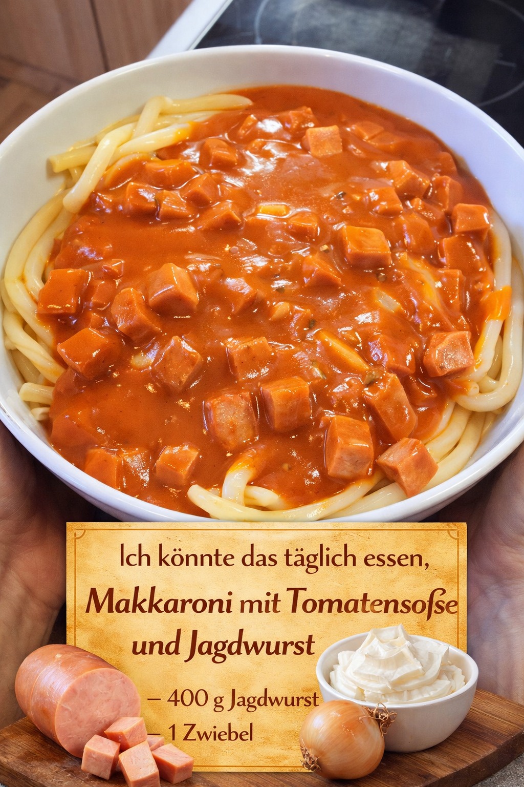 Makkaroni mit Tomatensoße & Jagdwurst