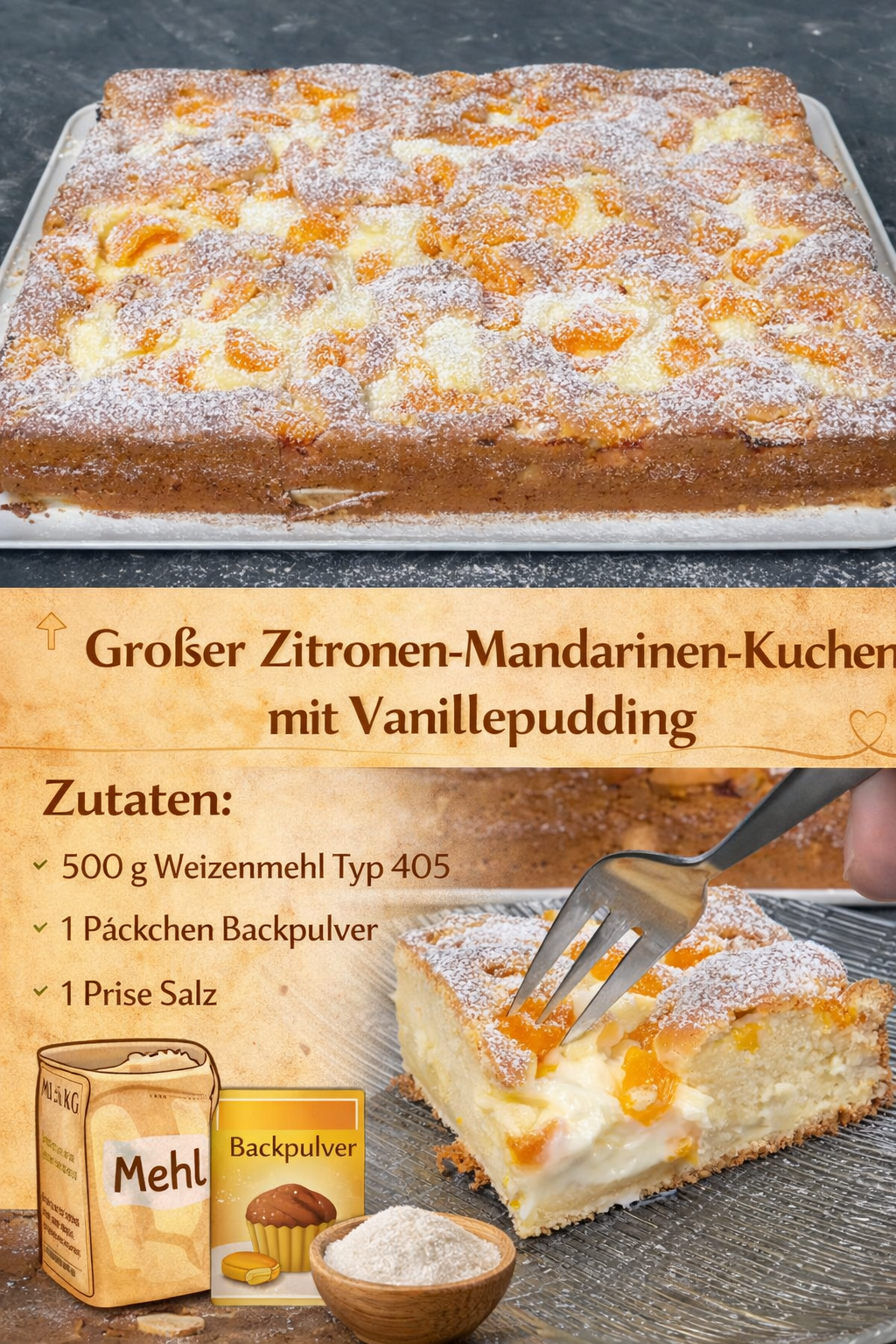 Großer Zitronen-Mandarinen-Kuchen mit Vanillepudding