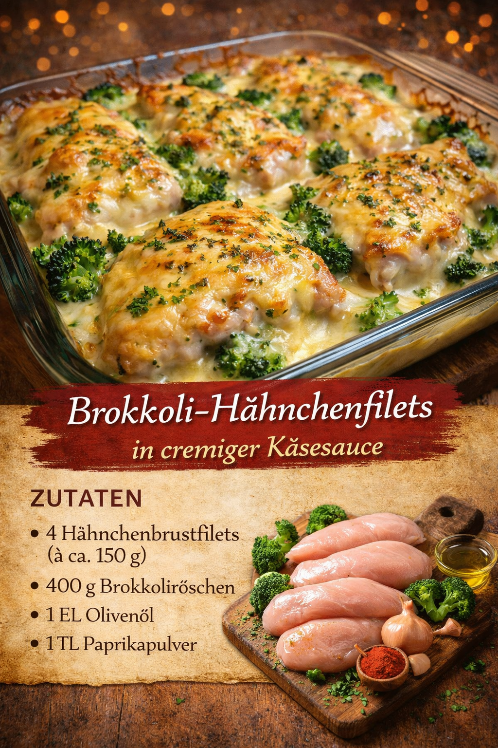 Brokkoli-Hähnchenfilets in cremiger Käsesauce – überbackener Genuss