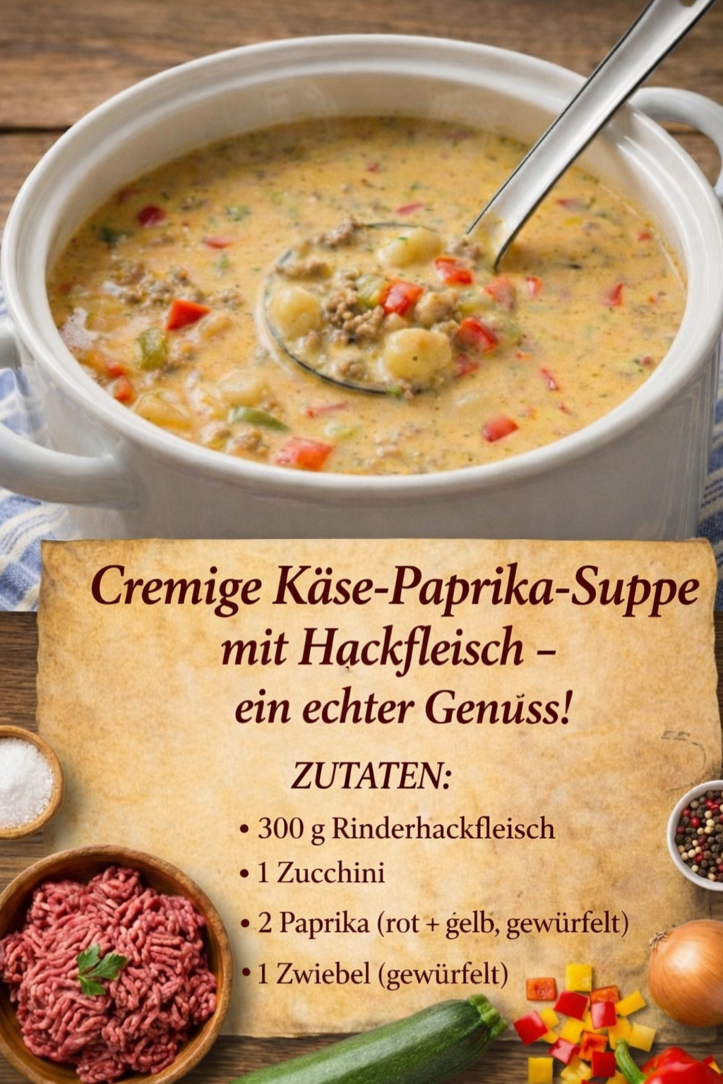 Cremig, herzhaft, einfach gut: Käse-Paprika-Suppe mit Hackfleisch & Gnocchi