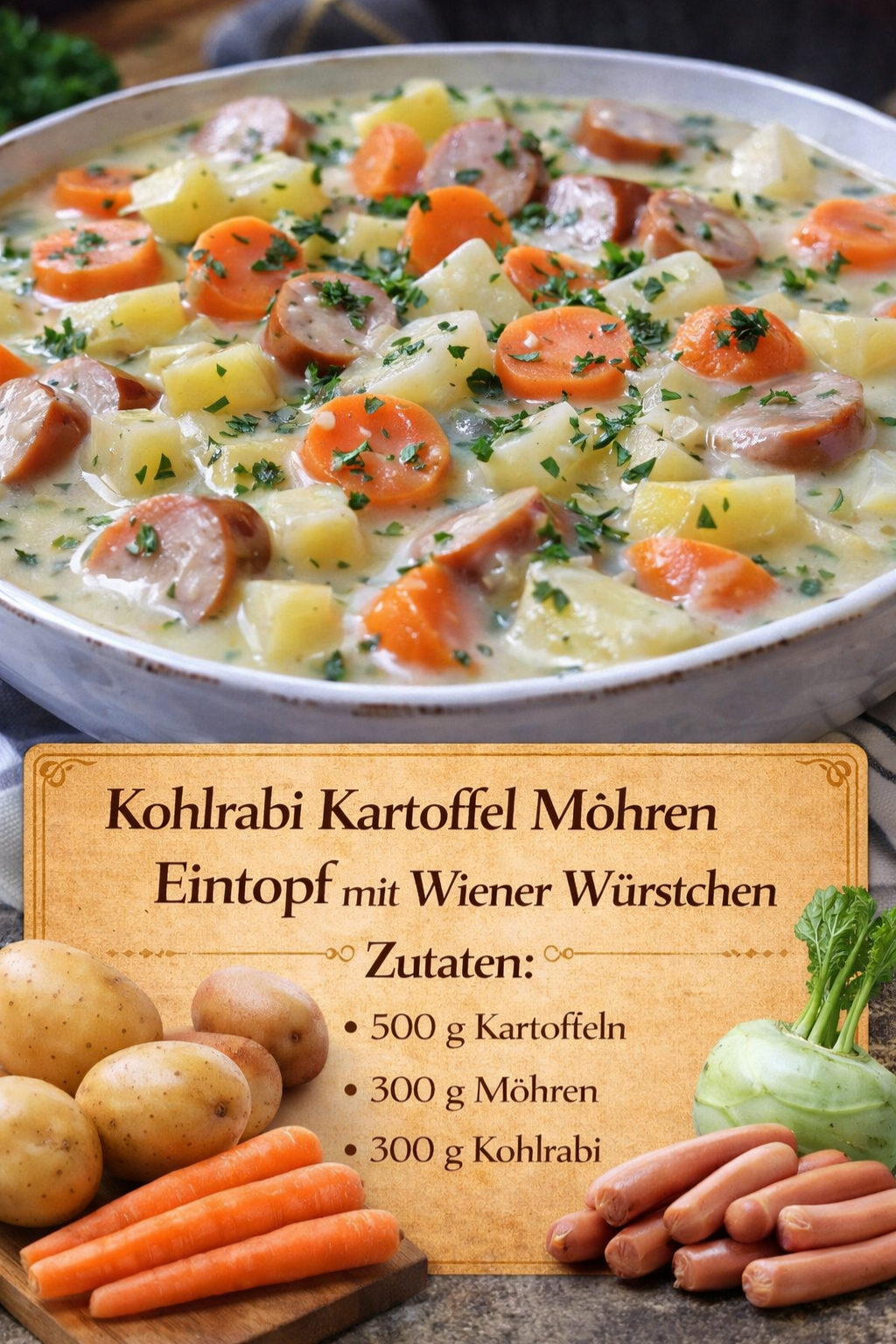 🥕🥔 Kohlrabi-Kartoffel-Möhren-Eintopf mit Wiener Würstchen – herzhaft & schnell gemacht!