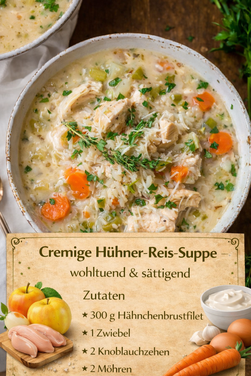 Cremige Hühner-Reis-Suppe – wohltuend & sättigend