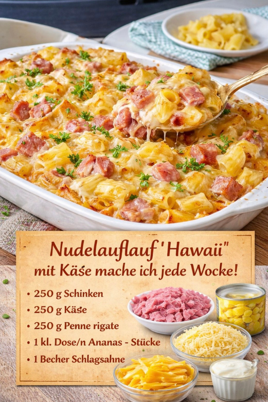 Nudelauflauf Hawaii – Cremiger Nudel-Käse-Auflauf mit Ananas & Schinken