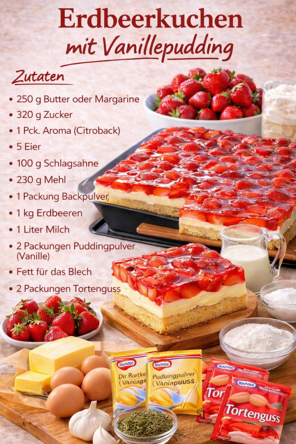 Der ultimative Erdbeerkuchen mit Vanillepudding – unglaublich lecker! 🍓😍