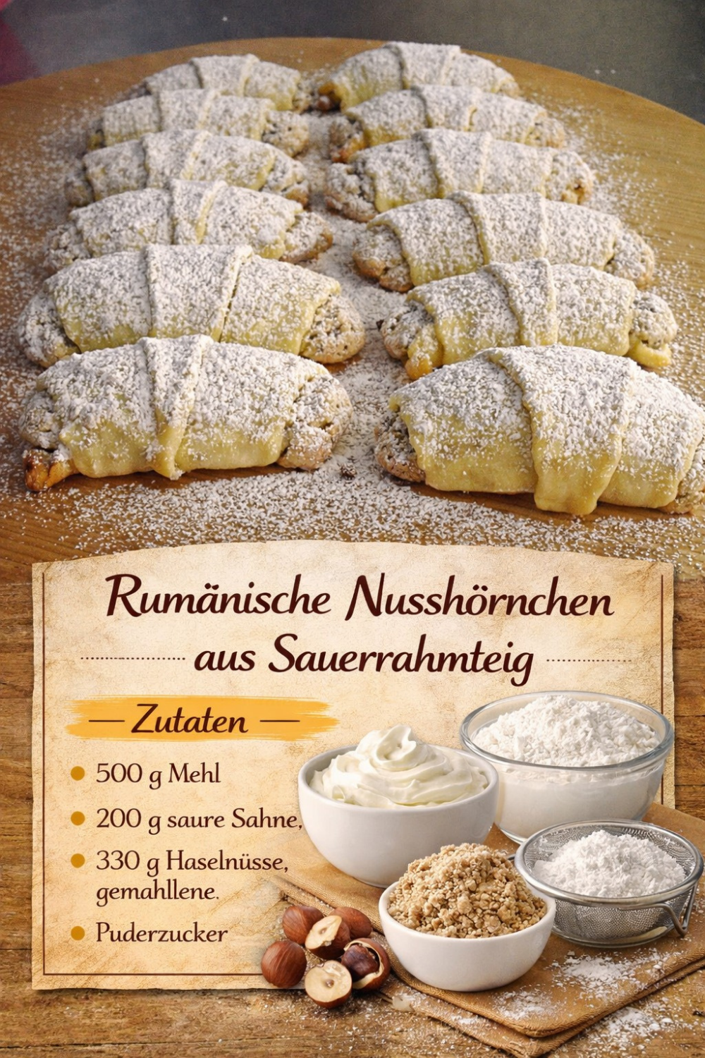 Rumänische Nusshörnchen aus Sauerrahmteig